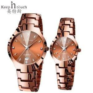 Planet Gates Coffee Gold one Pair Couple Watches for Lovers Luminous Luxury Quartz Men and Women Lover Watch Fashion Calendar Dress Wristwatches