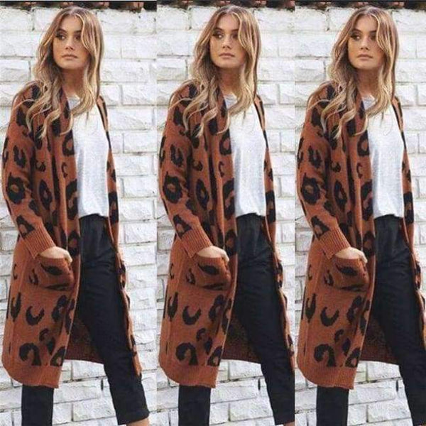 Planet Gates Coffee / L Autumn Winter Leopard Print Knitted Long Cardigan Women 2018 Casual Style Pocket Open Stitch Sweater Tops Outwear Jumper