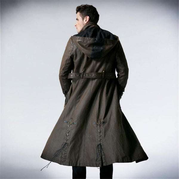 Planet Gates Coffee / M Gothic Fashion Men Coffee Dark Twill Long Coat Punk Handsome Leather Loops Hooded