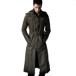 Planet Gates Coffee / M Gothic Fashion Men Coffee Dark Twill Long Coat Punk Handsome Leather Loops Hooded