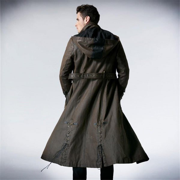 Planet Gates Coffee / M Gothic Fashion Men Coffee Dark Twill Long Coat Punk Handsome Leather Loops Hooded