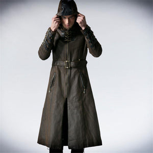 Planet Gates Coffee / M Gothic Fashion Men Coffee Dark Twill Long Coat Punk Handsome Leather Loops Hooded