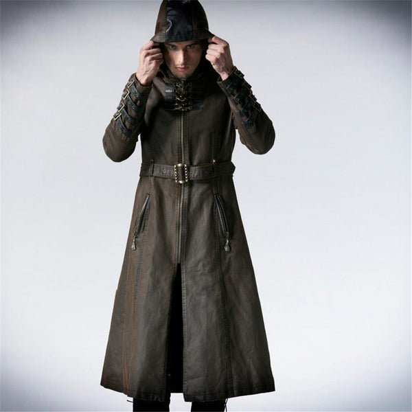 Planet Gates Coffee / M Gothic Fashion Men Coffee Dark Twill Long Coat Punk Handsome Leather Loops Hooded