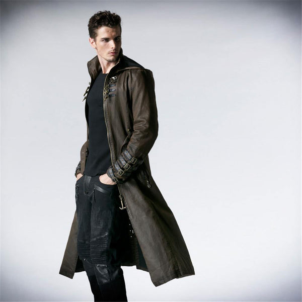 Planet Gates Coffee / M Gothic Fashion Men Coffee Dark Twill Long Coat Punk Handsome Leather Loops Hooded