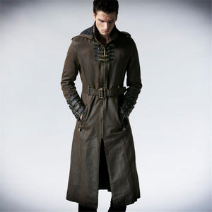 Planet Gates Coffee / M Gothic Fashion Men Coffee Dark Twill Long Coat Punk Handsome Leather Loops Hooded