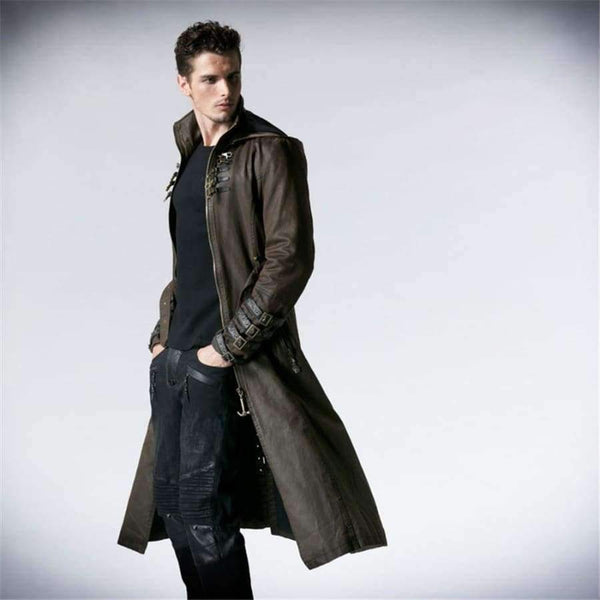 Planet Gates Coffee / M Steampunk Gothic Fashion Men Coffee Dark Twill Long Coat Punk Handsome Leather Loops Hooded Trench Coats Windbreaker Overcoats