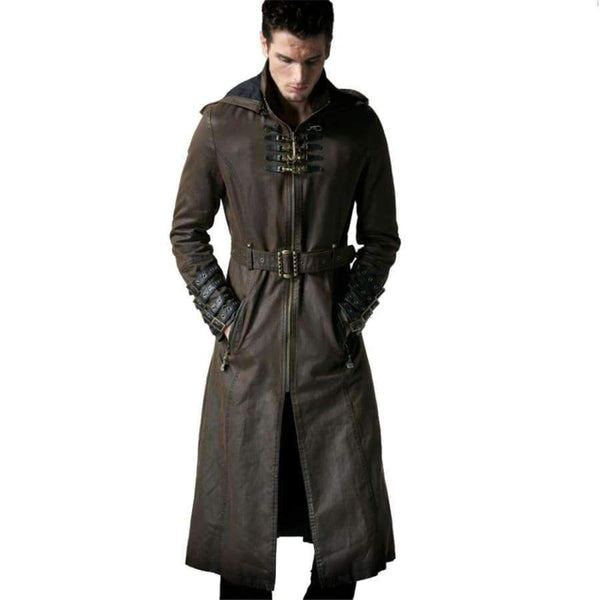 Planet Gates Coffee / M Steampunk Gothic Fashion Men Coffee Dark Twill Long Coat Punk Handsome Leather Loops Hooded Trench Coats Windbreaker Overcoats