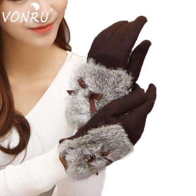 Planet Gates Black / one size Autumn Winter Ladies Cashmere Gloves Female Bow Tie Rabbit Fur Wool Mitten Gloves Sweet Elegant All Match Women Grey Gloves