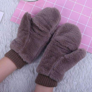 Planet Gates Coffee / One Size Winter Thickened Cute Whole Covered Finger Mittens For Women Plush Gloves Fluffy Rabbit Dual-layer Hang On Neck Type Mittens