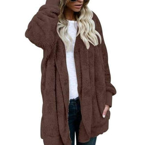Planet Gates Coffee / S New Year Spring Faux Fur Teddy Bear Coat Jacket Women Fashion Open Stitch Hooded Coat Female Long Sleeve Fuzzy Jacket