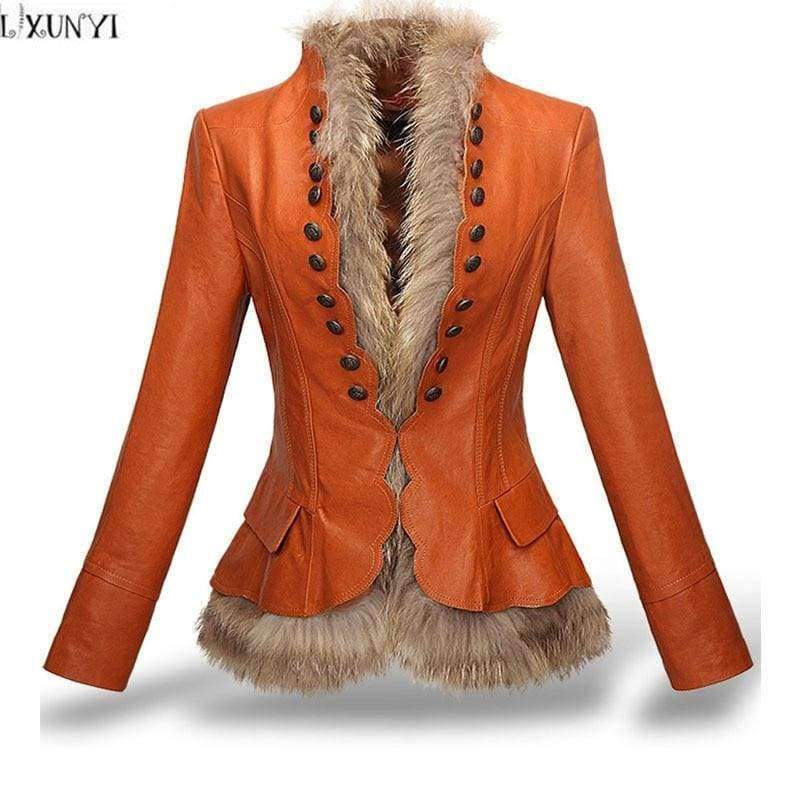 Planet Gates Coffee / S Winter Womens Leather Coat With Button Faux Fur jacket Fashion Short Slim Warm Faux leather jackets Women Orange Coffee