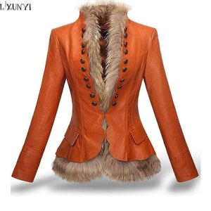Planet Gates Coffee / S Winter Womens Leather Coat With Button Faux Fur jacket Fashion Short Slim Warm Faux leather jackets Women Orange Coffee