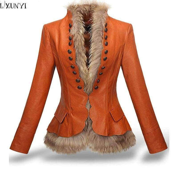 Planet Gates Coffee / S Winter Womens Leather Coat With Button Faux Fur jacket Fashion Short Slim Warm Faux leather jackets Women Orange Coffee