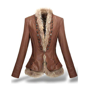 Planet Gates Coffee / S Winter Womens Leather Coat With Button Faux Fur jacket Fashion Short Slim Warm Faux leather jackets Women Orange Coffee