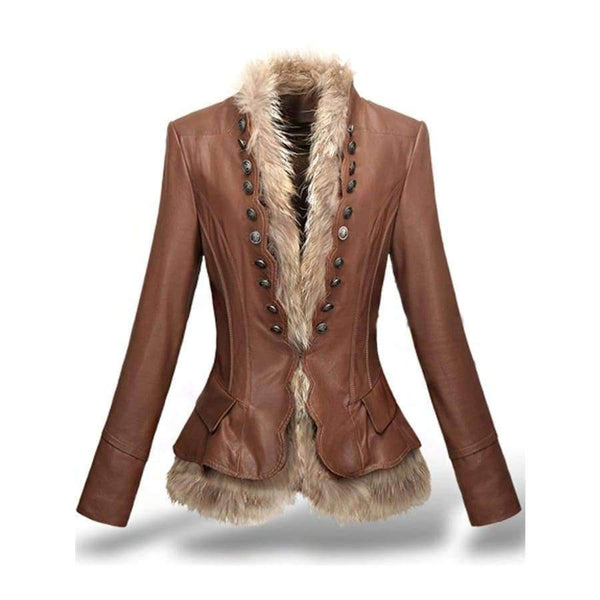 Planet Gates Coffee / S Winter Womens Leather Coat With Button Faux Fur jacket Fashion Short Slim Warm Faux leather jackets Women Orange Coffee