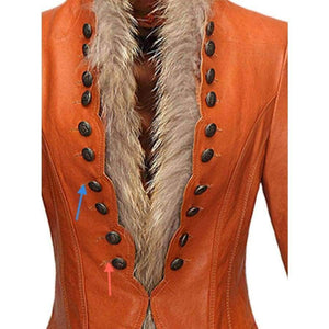 Planet Gates Coffee / S Winter Womens Leather Coat With Button Faux Fur jacket Fashion Short Slim Warm Faux leather jackets Women Orange Coffee