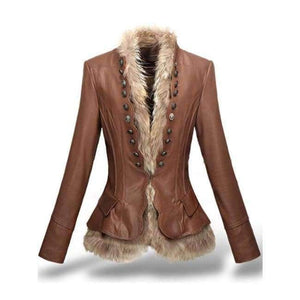 Planet Gates Coffee / S Winter Womens Leather Coat With Button Faux Fur jacket Fashion Short Slim Warm Faux leather jackets Women Orange Coffee