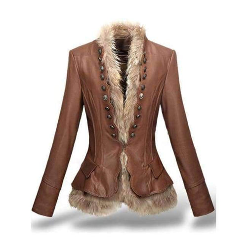 Planet Gates Coffee / S Winter Womens Leather Coat With Button Faux Fur jacket Fashion Short Slim Warm Faux leather jackets Women Orange Coffee