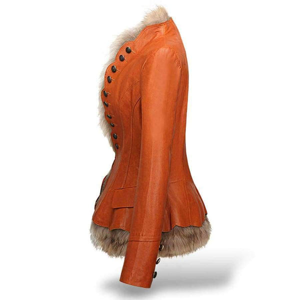 Planet Gates Coffee / S Winter Womens Leather Coat With Button Faux Fur jacket Fashion Short Slim Warm Faux leather jackets Women Orange Coffee