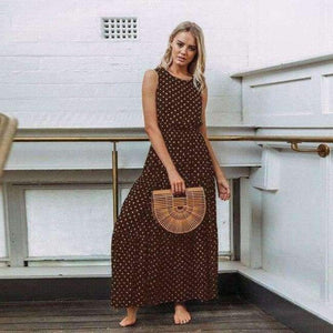 Planet Gates Coffee / XL 2018 Autumn Hot Sale Women Casual Sleeveless Polka Dot Print Dress Loose Long Maxi Dresses Vestidos Sexy Button