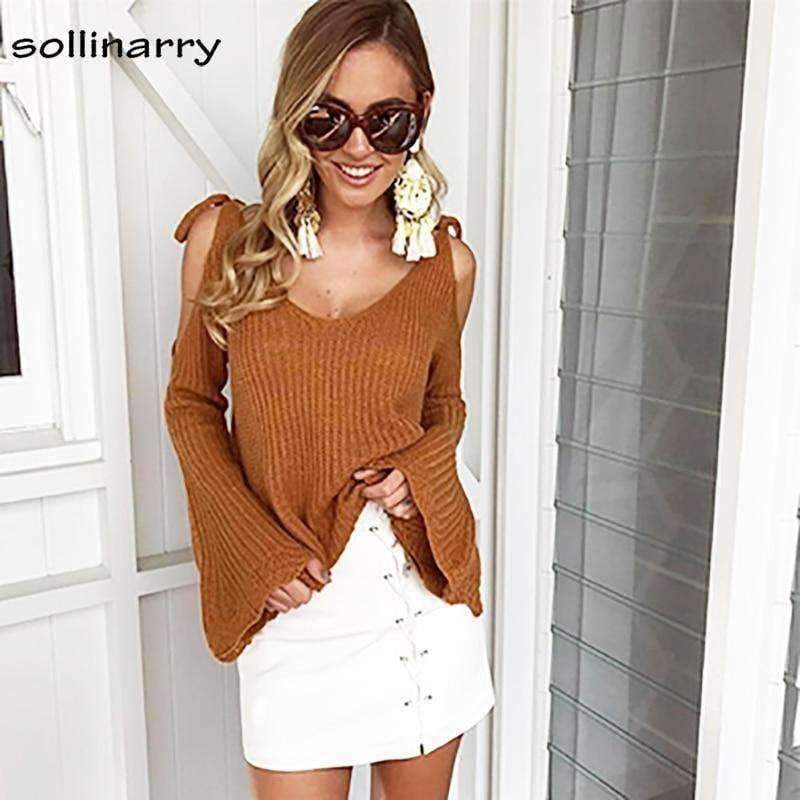 Planet Gates Cold Shoulder Bow Women Sweaters And Pullovers Winter Flare Sleeve Causal Jumpers 2018 Autumn Knitted Femme Sweaters