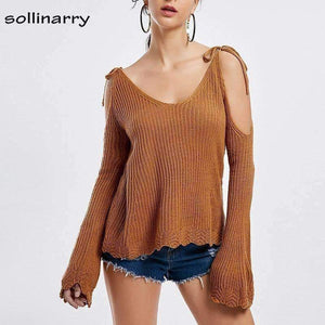 Planet Gates Cold Shoulder Bow Women Sweaters And Pullovers Winter Flare Sleeve Causal Jumpers 2018 Autumn Knitted Femme Sweaters