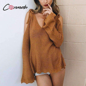 Planet Gates Cold Shoulder Bow Women Sweaters And Pullovers Winter Flare Sleeve Causal Jumpers 2018 Autumn Knitted Femme Sweaters