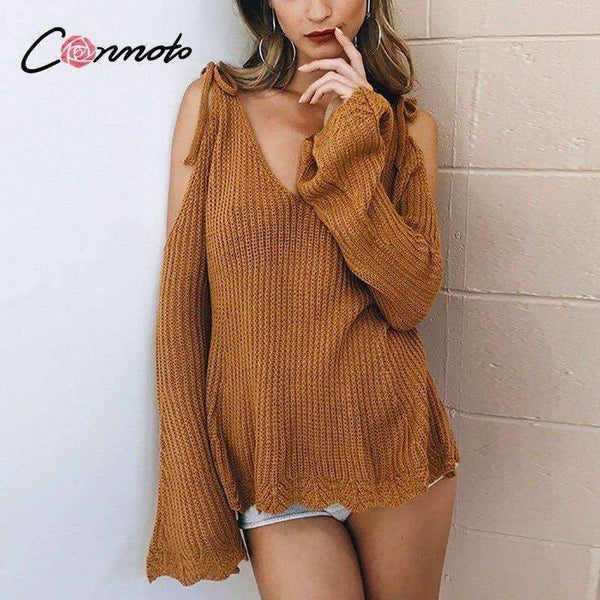 Planet Gates Cold Shoulder Bow Women Sweaters And Pullovers Winter Flare Sleeve Causal Jumpers 2018 Autumn Knitted Femme Sweaters