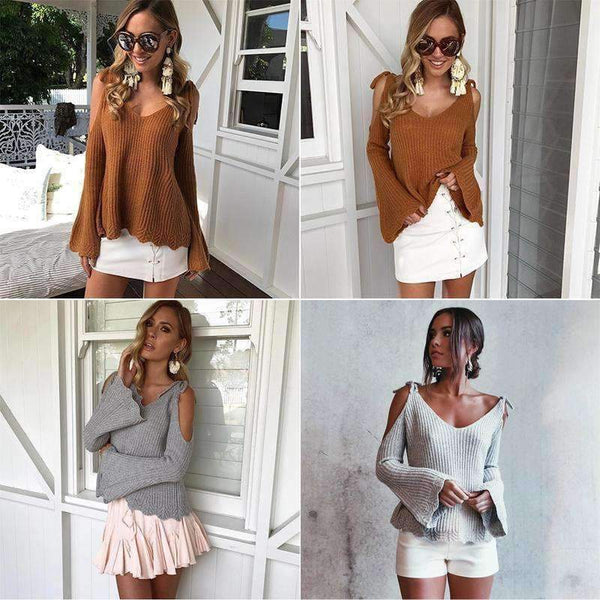 Planet Gates Cold Shoulder Bow Women Sweaters And Pullovers Winter Flare Sleeve Causal Jumpers 2018 Autumn Knitted Femme Sweaters