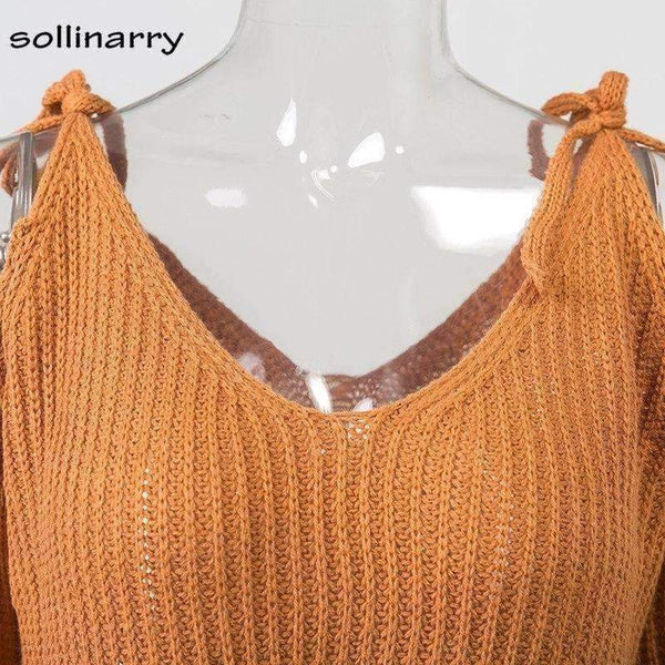 Planet Gates Cold Shoulder Bow Women Sweaters And Pullovers Winter Flare Sleeve Causal Jumpers 2018 Autumn Knitted Femme Sweaters