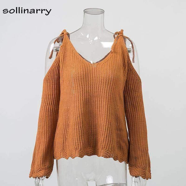 Planet Gates Cold Shoulder Bow Women Sweaters And Pullovers Winter Flare Sleeve Causal Jumpers 2018 Autumn Knitted Femme Sweaters