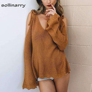 Planet Gates Cold Shoulder Bow Women Sweaters And Pullovers Winter Flare Sleeve Causal Jumpers 2018 Autumn Knitted Femme Sweaters