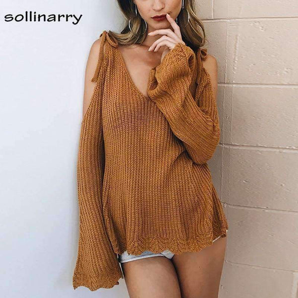 Planet Gates Cold Shoulder Bow Women Sweaters And Pullovers Winter Flare Sleeve Causal Jumpers 2018 Autumn Knitted Femme Sweaters