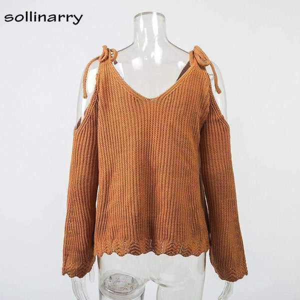 Planet Gates Cold Shoulder Bow Women Sweaters And Pullovers Winter Flare Sleeve Causal Jumpers 2018 Autumn Knitted Femme Sweaters