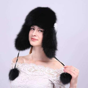 Planet Gates Color 1 Winter Women's Fox Fur Hats with Ears Novelty Female Caps with Fur Pompoms Soft PU Leather Tops Beanies Lovely Hats for Girls