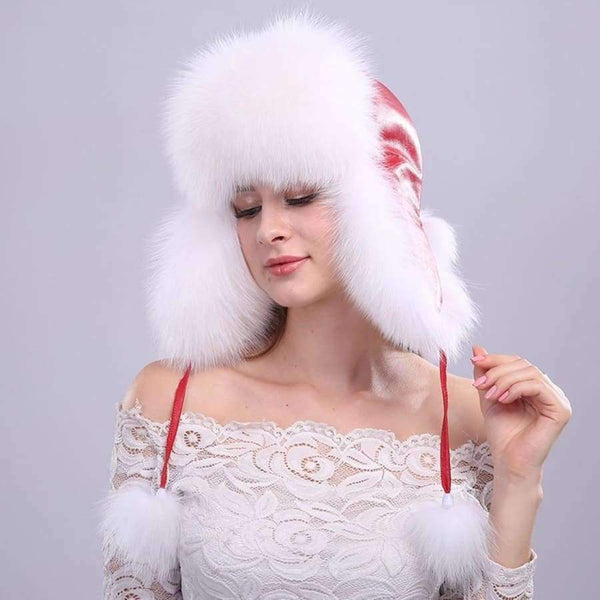 Planet Gates Color 3 Winter Women's Fox Fur Hats with Ears Novelty Female Caps with Fur Pompoms Soft PU Leather Tops Beanies Lovely Hats for Girls