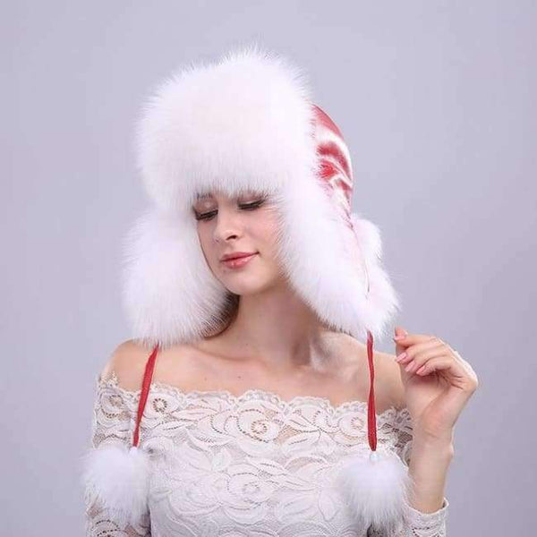 Planet Gates Color 5 Winter Women's Fox Fur Hats with Ears Novelty Female Caps with Fur Pompoms Soft PU Leather Tops Beanies Lovely Hats for Girls