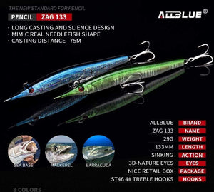 Planet Gates Color A Needlefish Stick Needle Fishing Lure 133mm/30g Sinking Pencil 3D Eyes Artificial Bait Sea Bass Saltwater Lures