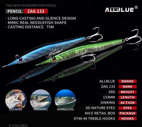 Planet Gates Color A Needlefish Stick Needle Fishing Lure 133mm/30g Sinking Pencil 3D Eyes Artificial Bait Sea Bass Saltwater Lures