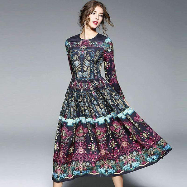 Planet Gates Color as shown / S Fashion Vintage Print Dress Women Casual Loose Long Sleeve Spring Dress Vestidos Femininos Party 2018 Winter Autumn Dresses