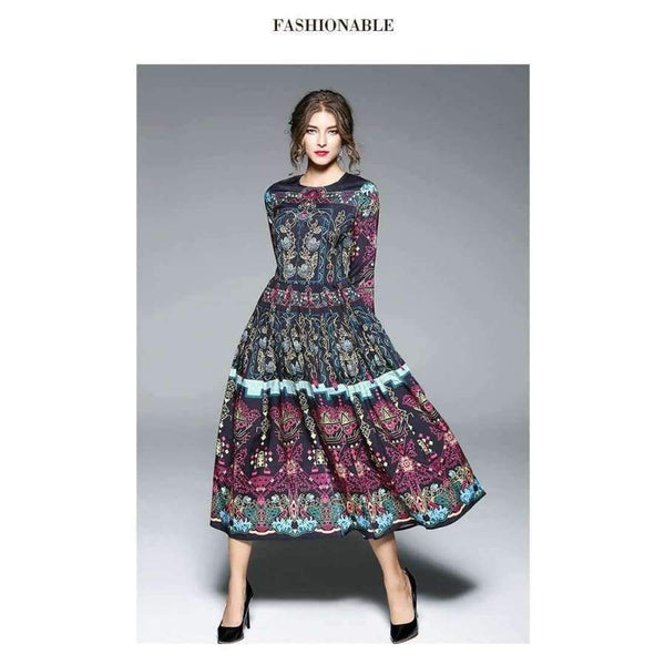 Planet Gates Color as shown / S Fashion Vintage Print Dress Women Casual Loose Long Sleeve Spring Dress Vestidos Femininos Party 2018 Winter Autumn Dresses