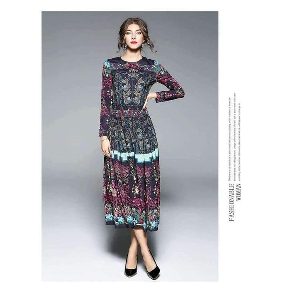 Planet Gates Color as shown / S Fashion Vintage Print Dress Women Casual Loose Long Sleeve Spring Dress Vestidos Femininos Party 2018 Winter Autumn Dresses