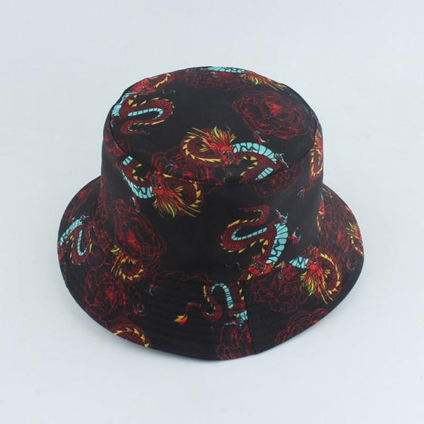 Planet Gates colors dragon Harajuku Punk Black Fisherman Hat Panama Bob Casquette Dragon Print Bucket Hats For Women Men Hip Hop Cap Gorro
