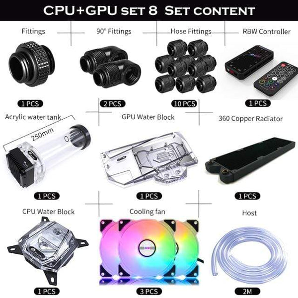 Planet Gates Combo(Intel Black) PC Split Water Cooling Kit Soft Tube,CPU+GPU Cooler Hose Set,Block+Pump Reservoir +Radiator+Fitting+Tube+Fans+Controller