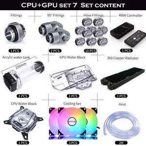 Planet Gates Combo(Intel Silver) PC Split Water Cooling Kit Soft Tube,CPU+GPU Cooler Hose Set,Block+Pump Reservoir +Radiator+Fitting+Tube+Fans+Controller