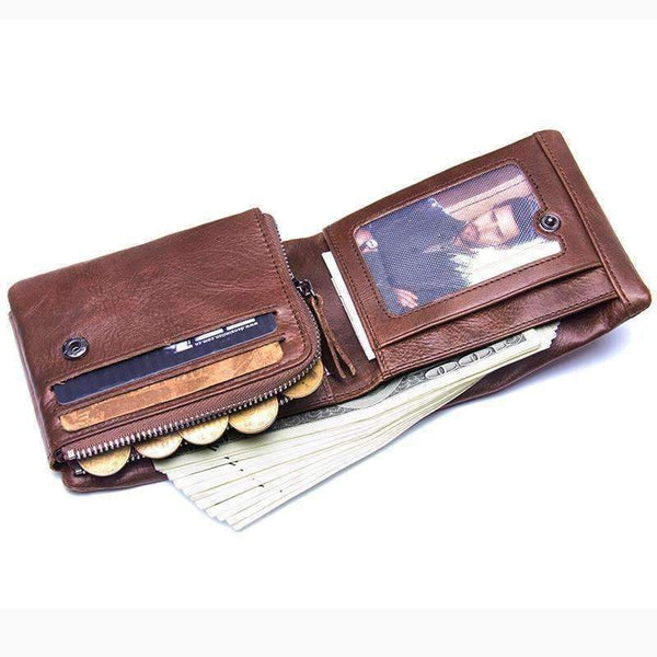 Planet Gates CONTACT'S Genuine Crazy Horse Leather Men Wallets Vintage Trifold Wallet Zip Coin Pocket Purse Cowhide Leather Wallet For Mens