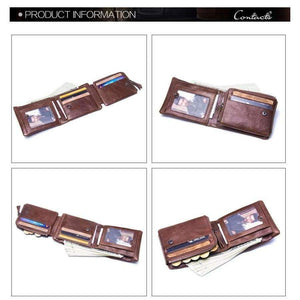 Planet Gates CONTACT'S Genuine Crazy Horse Leather Men Wallets Vintage Trifold Wallet Zip Coin Pocket Purse Cowhide Leather Wallet For Mens