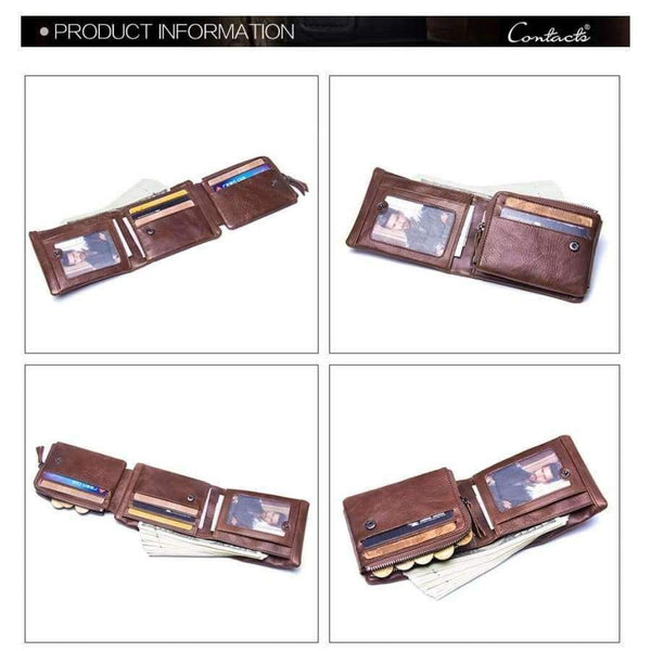 Planet Gates CONTACT'S Genuine Crazy Horse Leather Men Wallets Vintage Trifold Wallet Zip Coin Pocket Purse Cowhide Leather Wallet For Mens