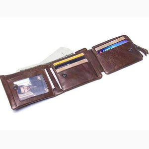 Planet Gates CONTACT'S Genuine Crazy Horse Leather Men Wallets Vintage Trifold Wallet Zip Coin Pocket Purse Cowhide Leather Wallet For Mens
