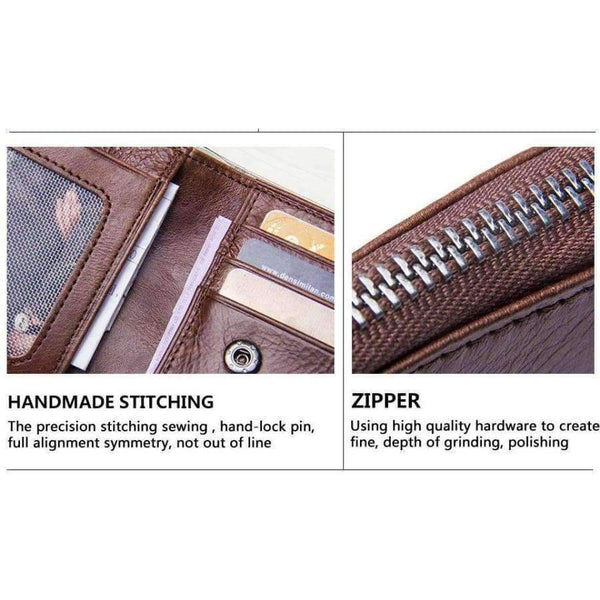 Planet Gates CONTACT'S Genuine Crazy Horse Leather Men Wallets Vintage Trifold Wallet Zip Coin Pocket Purse Cowhide Leather Wallet For Mens